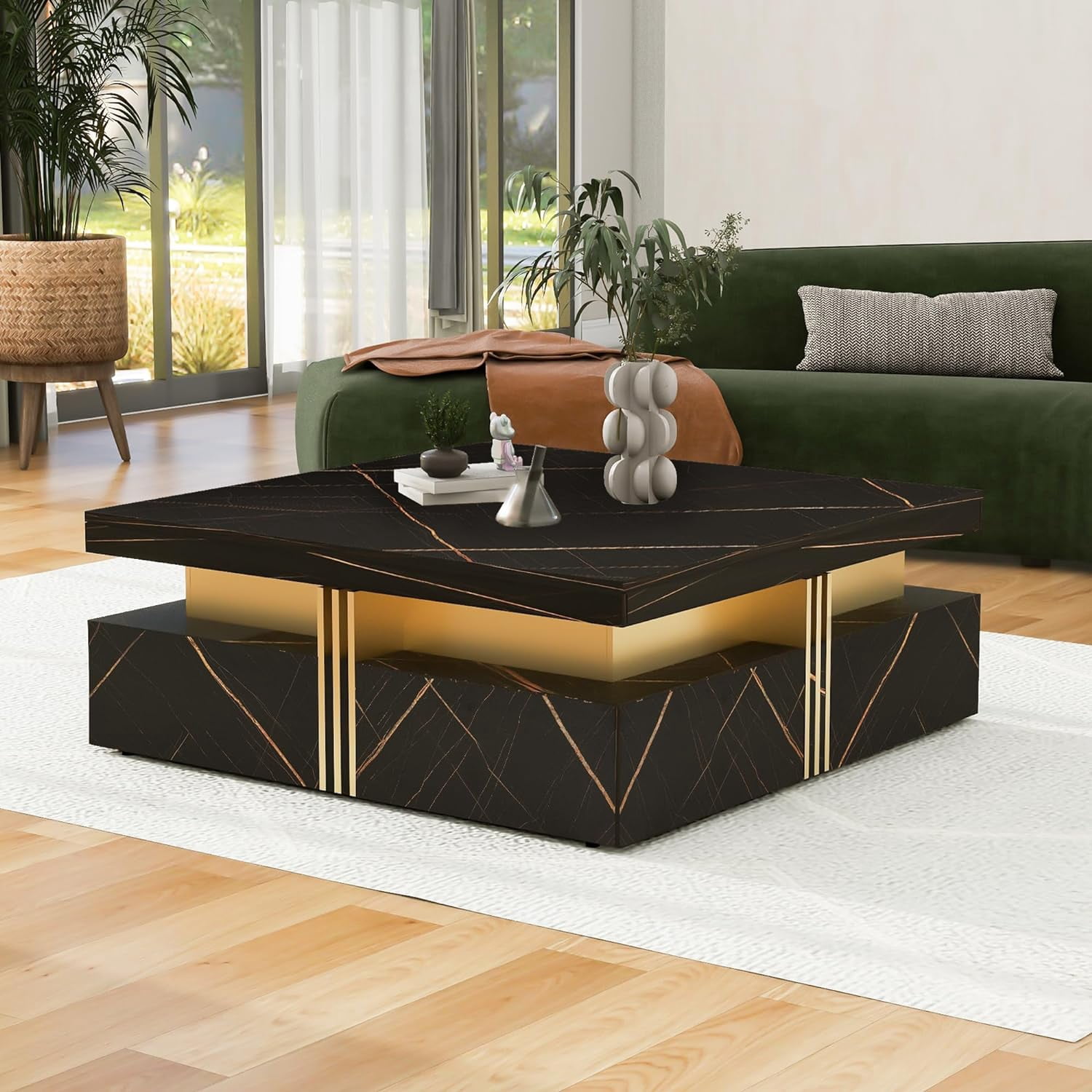 43.3" Modern Black Square Storage Coffee Table with 4 Drawers Storage Accent Table Multiple End Tables Utility Table Telephone Table Living Room Table