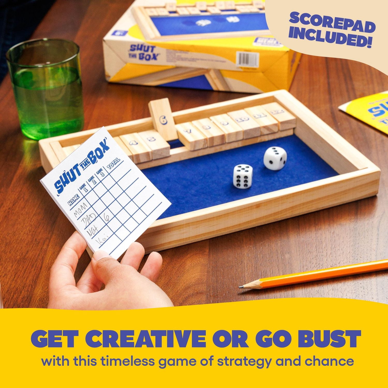 Shut The Box by Relatable, Strategy Board Games for Kids and Adults, Includes 2 Dice, 1 Wooden Box, 1 Scorepad, and Instructions