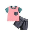 thumbnail image 1 of Plebaso Baby Girls Boys Solid Color Patchwork Short-sleeved Round Neck Tops Shorts Two-Piece Set Kids Summer Clothes, 1 of 7