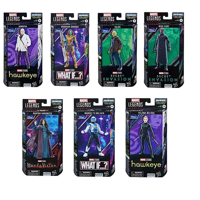 Hasbro Marvel Legends Series Collector Bundle with seven 6-inch collectible action figures from Marvel Studios including Kingpin and Yelena Belova from Hawkeye, Warrior Gamora and Marvel's Goliath from What If...?, Tal and Nick Fury from Secret Invasion, and Agatha Harkness from WandaVision, each in detailed plastic packaging with character-themed backgrounds, suitable for ages 4 and up.