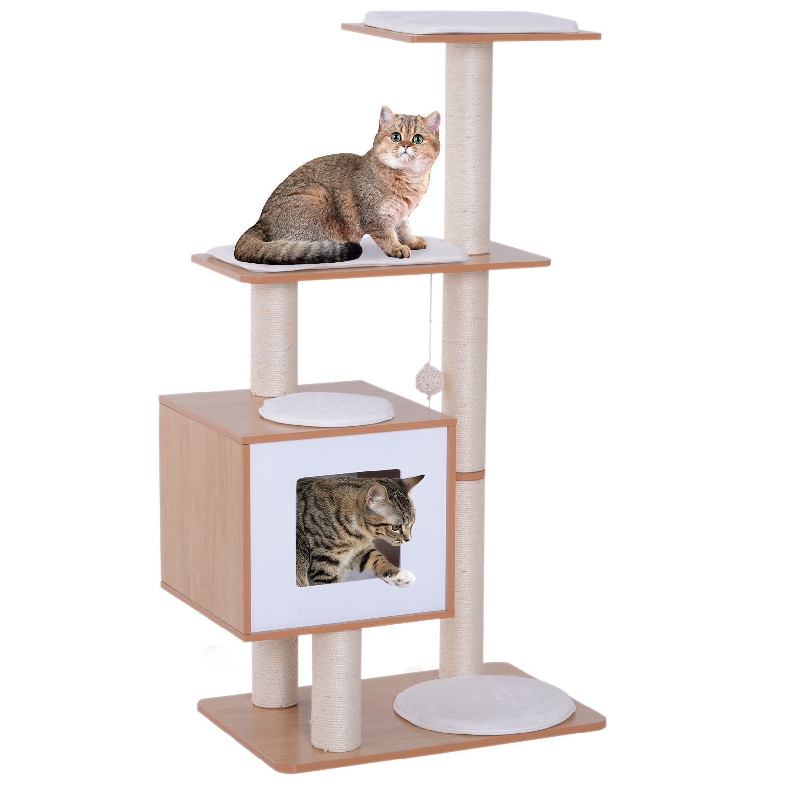 PawHut 47" Wood Cat Tree Condo with Scratch Post, Toy Ball