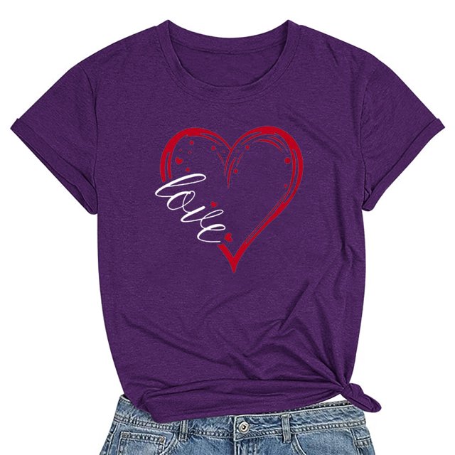 Meichang T-Shirts de la Saint-Valentin pour Femmes Mignons avec Cœur d'Amour T-Shirts Graphiques de Fête Manches Courtes Hauts Col Rond Coupe Ample T-Shirts Tendance T-Shirts