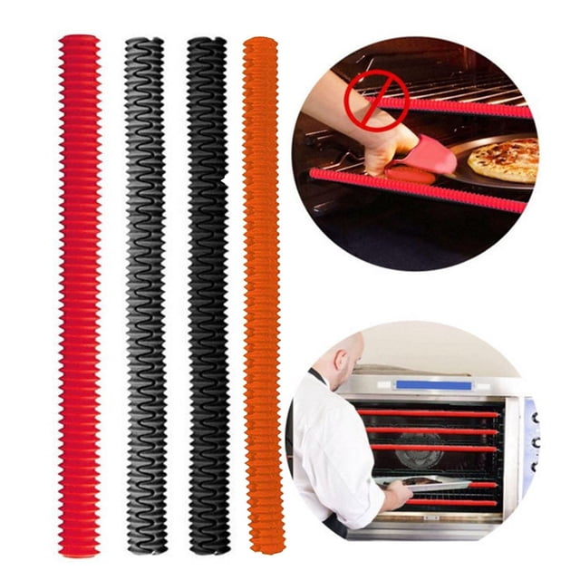 Vaidha Heat Oven Rack Oven Insulation Strip, featuring flexible, textured insulation sleeves in red, black, and orange. Designed to protect hands and arms from burns, these heat-resistant strips can withstand temperatures up to 446°F (230°C). The image shows the strips installed on an oven rack and being used to safely remove food. Suitable for ovens, microwaves, and toaster ovens, these reusable, food-grade strips are easy to trim, install, and clean.