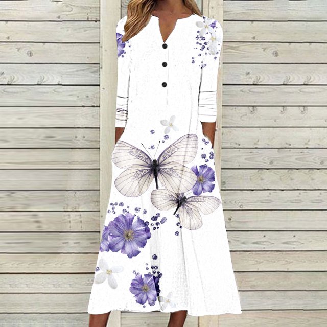 Babysbule Liquidation Robes d'Automne pour Femmes Mode Femmes Décontracté Élégant Col Rond Imprimé Été Manches Longues Poches Robe