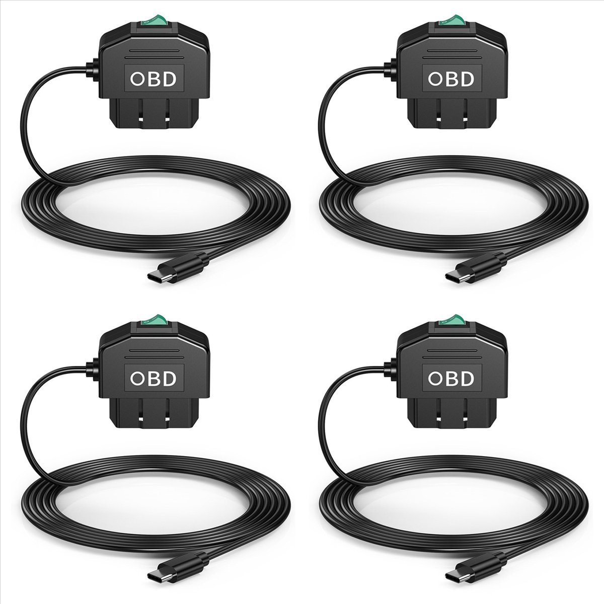 4X Dash Cam OBD Hardwire Kit, Dash Camera USB Type C Hardwire Kit with OBD Power Cable for Dashcam 12-24V to 5V/3A,4 x Vehicle cable,Black