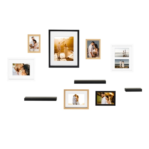 Kate and Laurel Gallery Wall Frame and Shelf Kit, Set of 10, Three Modern Glam Finishes, Assorted Size Photo Frames