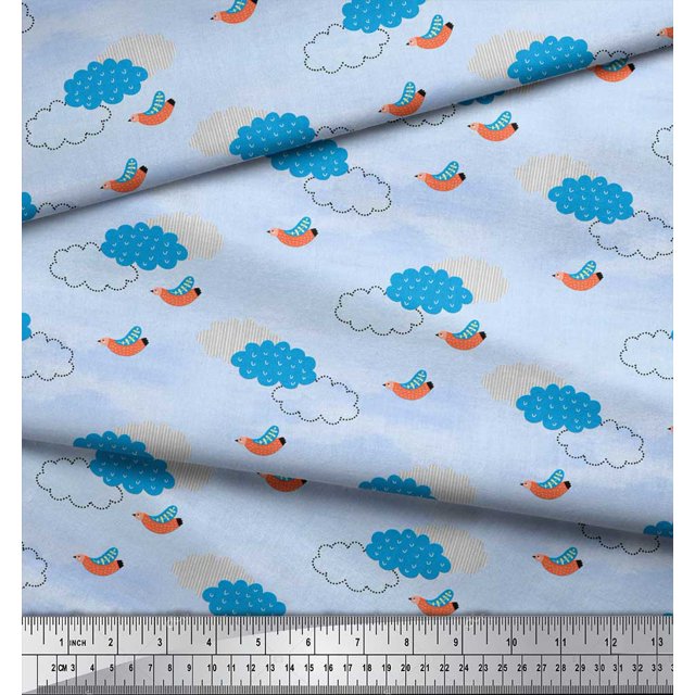 Soimoi Blue polyester Crepe Fabric Clouds & Bird Decor Fabric Printed Yard 52 Inch Wide
