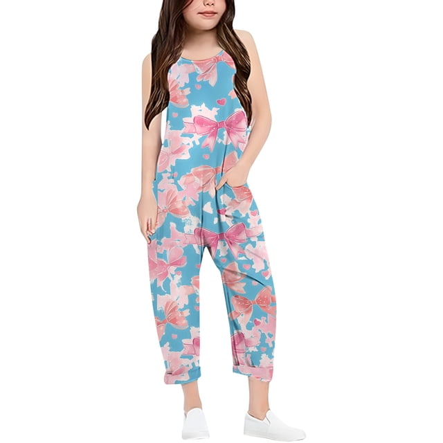 Girls Overall Bow Print Rompers for Girls Loose Casual Rompers with Pockets Girls Outfit 5-6 Y
