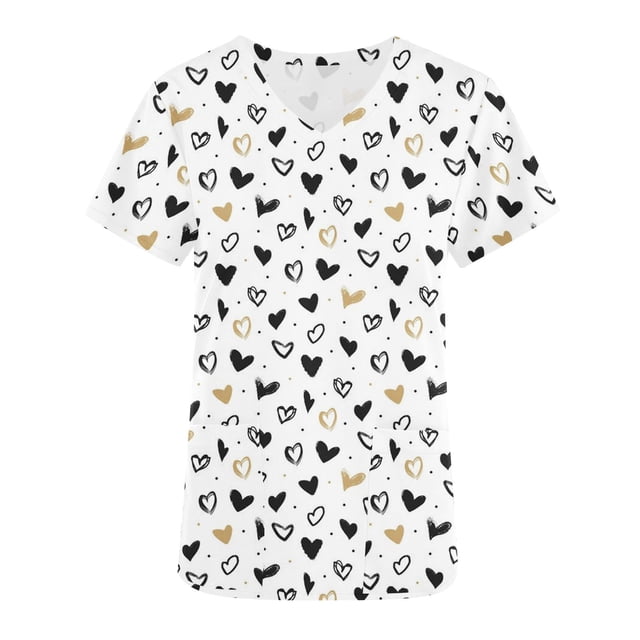 TIMIFIS Haut de Sarrau Blanc Femme Imprimé Manches Courtes Col en V Hauts Uniforme de Travail Imprimé de la Saint-Valentin avec Poche Blouse avec Poches-Blanc - Printemps