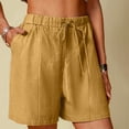 thumbnail image 3 of Women's Linen Summer Shorts Solid Color Comfortable Elastic Wide Leg Casual Shorts Yellow, 3 of 8