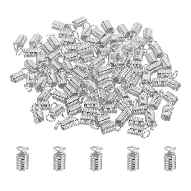 Unique Bargains Cord End Caps, 100Pcs 4.5x9.5mm Metal Spring Coil End Tips Crimp Terminators Caps Silver Tone