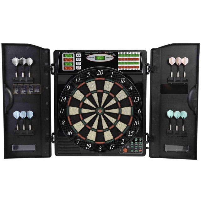 Arachnid Titanium 5400 Electronic Dart Board with Cabinet showing a front-facing black wall-mounted cabinet with open doors, featuring a 13.5-inch electronic dartboard with numbered scoring rings, an LCD display with X/O cricket scoring, and six sets of soft tip darts in blue, white, pink, and green stored inside the doors, designed for up to eight players with 38 dart games and 183 variations.