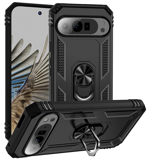 Google Pixel 9 / 9 Pro Étui Anneau, Étui Hybride Magnétique Rigide Antichute avec Béquille Anneau. l'Étui Présente une Conception d'Armure Pare-Chocs Hybride à Double Couche avec un Support Anneau à rotation à 360 Degrés pour Plus de Commodité. Il Comprend un Béquille pour une Visualisation Mains Libres et une Plaque Métallique Magnétique compatible avec les Supports Magnétiques de Montage de Voiture (Support de Voiture Non Inclus). Fabriqué à Partir d'Une Combinaison de Matériaux TPU et polycarbonate, Il Offre une Double protection contre les Chutes et les Égratignures