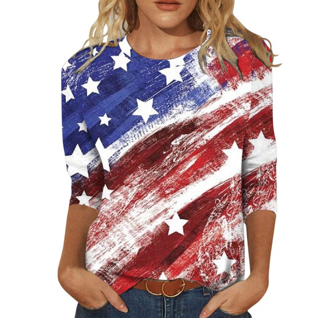 IROINID Offres T-Shirts à Manches Longues pour Femmes Col Rond Détente Trois Quarts Imprimé Drapeau Hauts T-shirt Blouse, Rouge