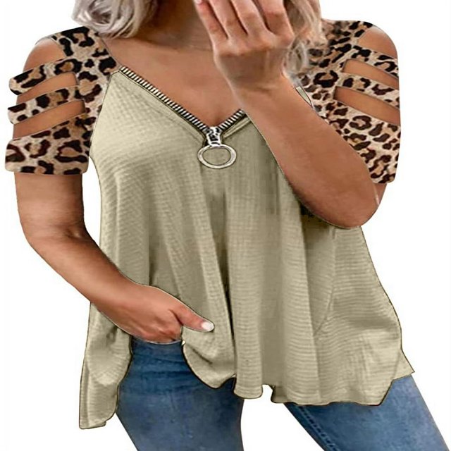 Women T-shirt Leopard Printed Pattern Short Sleeve V-neck Tops