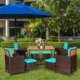 thumbnail image 4 of Costway 9PCS Patio Rattan Dining Set Cushioned Chairs Ottoman Wood Table Top Turquoise, 4 of 10