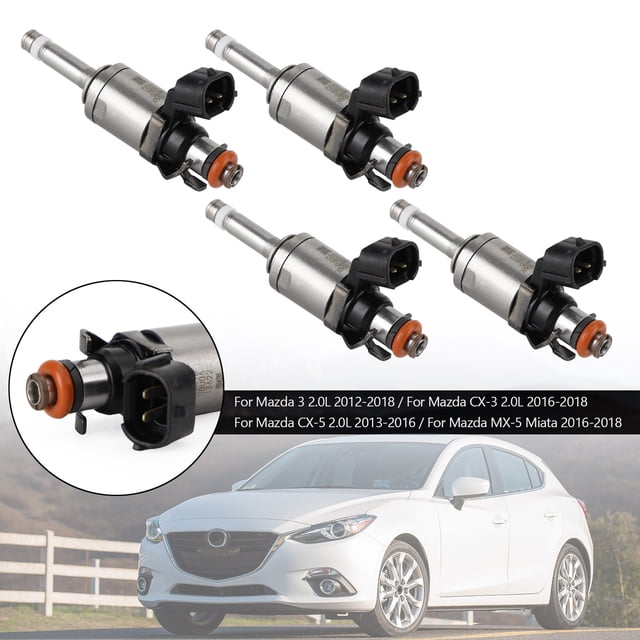 4PCS Fuel Injectors PE01-13-250C for Mazda 3, CX-3, CX-5, and MX-5 Miata 2.0L models from 2012 to 2018. The image shows four high-impedance fuel injectors with a metallic body, black connectors, and orange seals, designed for direct replacement. These injectors match OEM specifications for coil resistance and fuel flow rate, improving fuel efficiency and response time. A close-up detail of one injector is included, with a Mazda 3 car in the background.