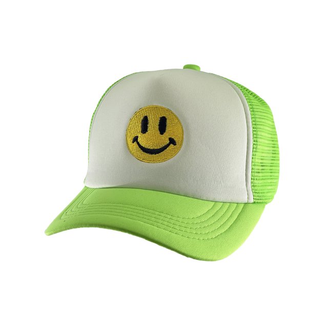 Gravity Threads Smile Face Embroidery Adjustable Trucker Hat - Smile - White/Neon Green