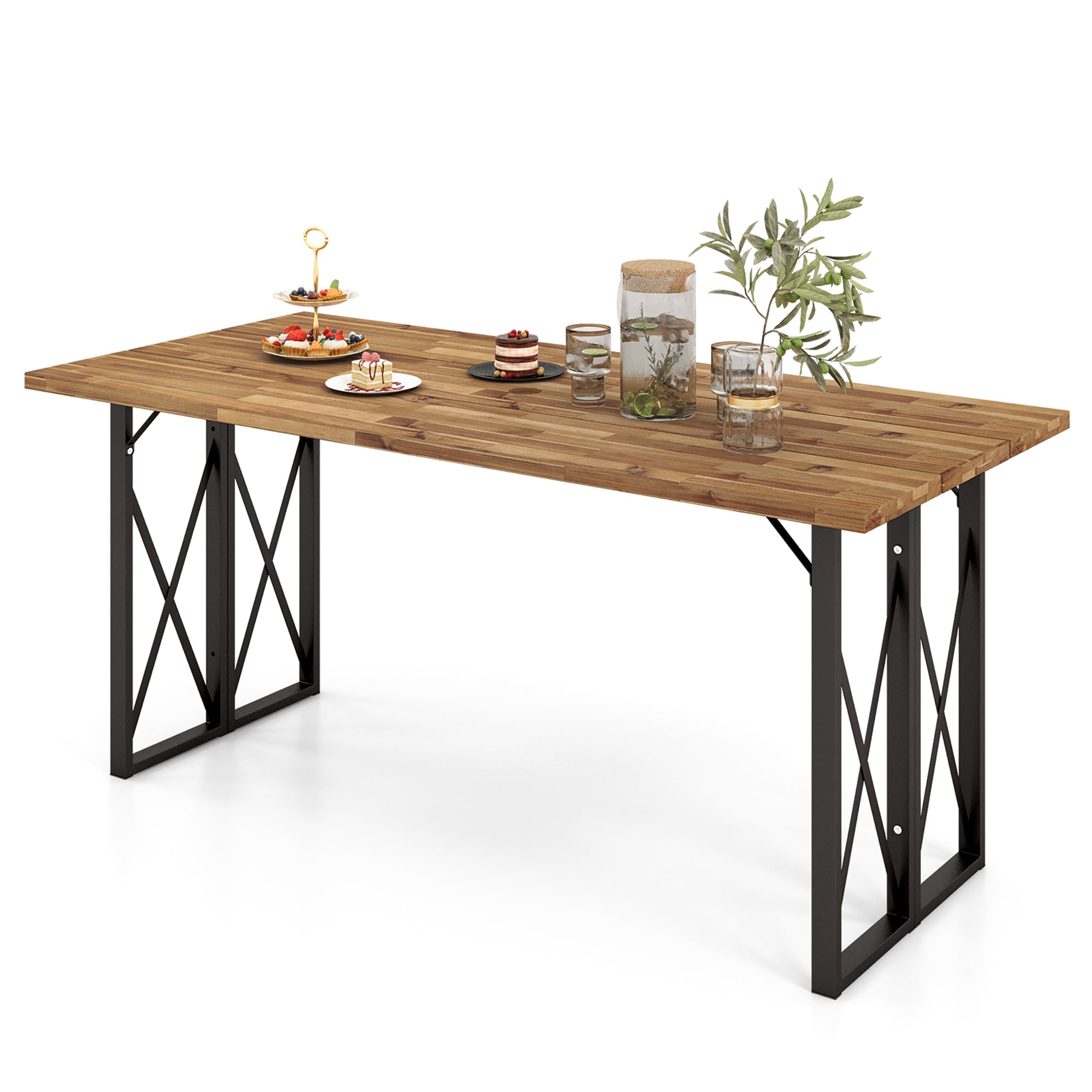 Costway 67" Patio Rectangle Table Heavy-Duty Acacia Wood Dining Table with Umbrella Hole