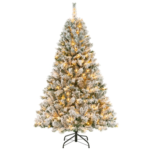 Costway 6 FT Pre-Lit Artificial Christmas Tree with snowy flocked branches and 300 warm white LED lights. Features 644 branch tips for a vibrant, lifelike appearance, crafted from fire-resistant and fade-resistant PVC. Includes a sturdy metal stand with anti-slip foot pads and a 3-minute quick shape design for effortless setup. Perfect holiday decor for homes, offices, or commercial spaces.