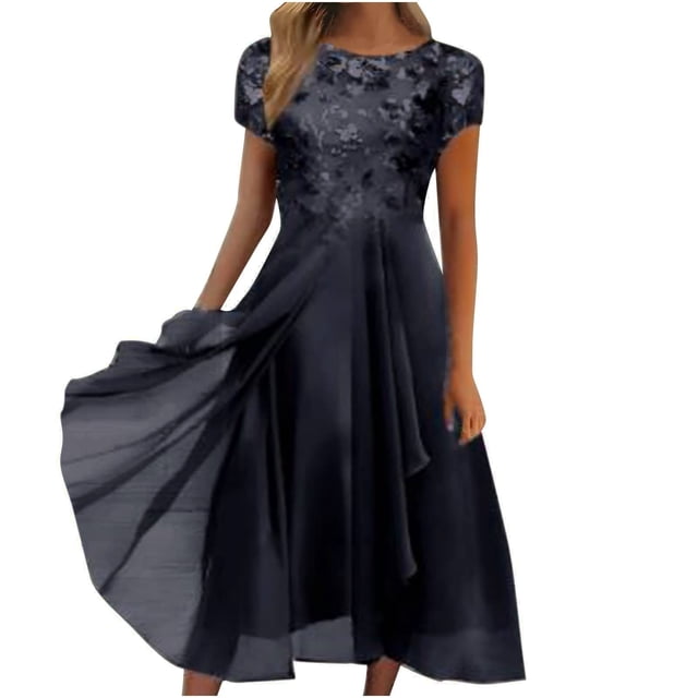 WTXUE Robe à Paillettes pour Femmes, Robe Longue Maxi à Encolure Ronde en Mousseline Patchwork à Imprimé à Paillettes pour Femmes, Robes Petites pour Femmes, 2# Noir P