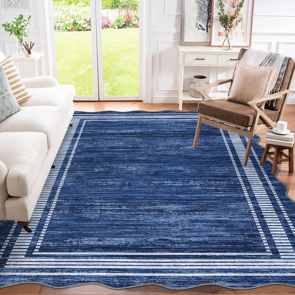 Scalloped Modern Abstract Rug 5x7 Washable Rug for Bedroom, Non-Slip Non-Shedding Soft Living Room Rug, Minimalist Scalloped Low-Pile Throw Carpet for Dining Room Home Office, Navy Blue