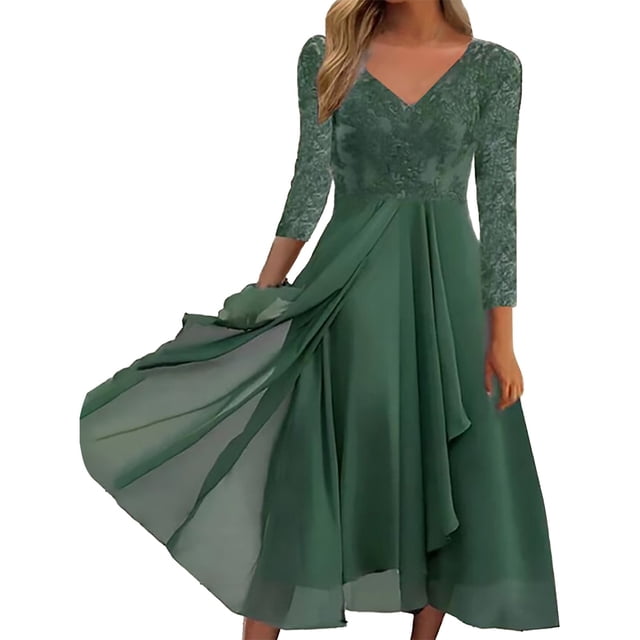 WTXUE Robe à Manches Longues, Robe Décontractée à Manches Longues Imprimée en Chiffon avec Coutures pour Femme, Robe Verte, 5# Vert m