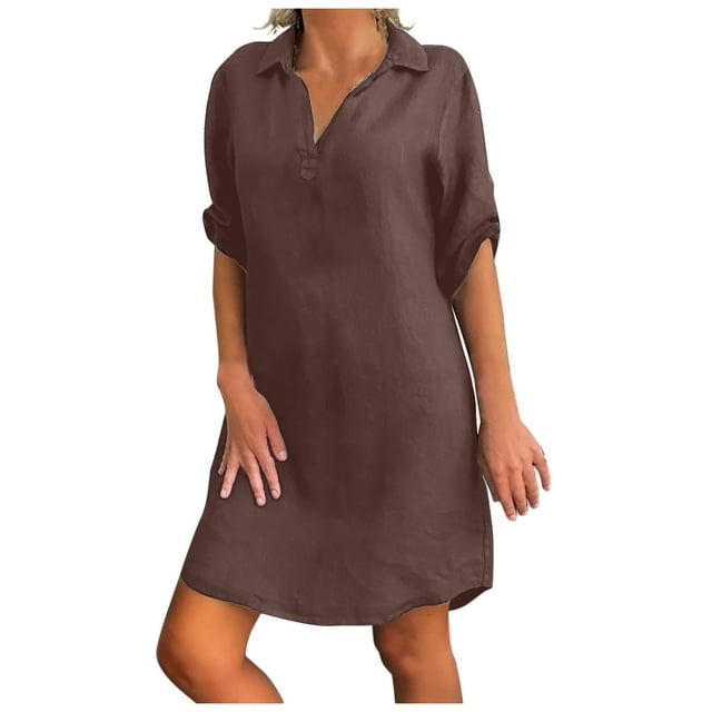 Jupes pour Femmes Mode Femmes Grande Taille Uni Coton Lin Col Rabattu Robe-Chemise Ample