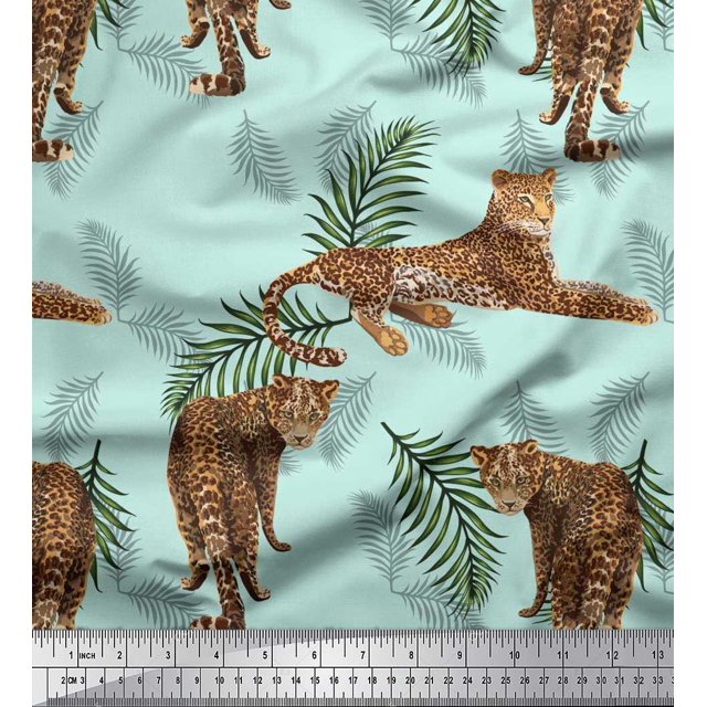 Soimoi Rayon Fabric Leaves & Leopard Animal Printed Fabric 1 Yard 56 Inch Wide