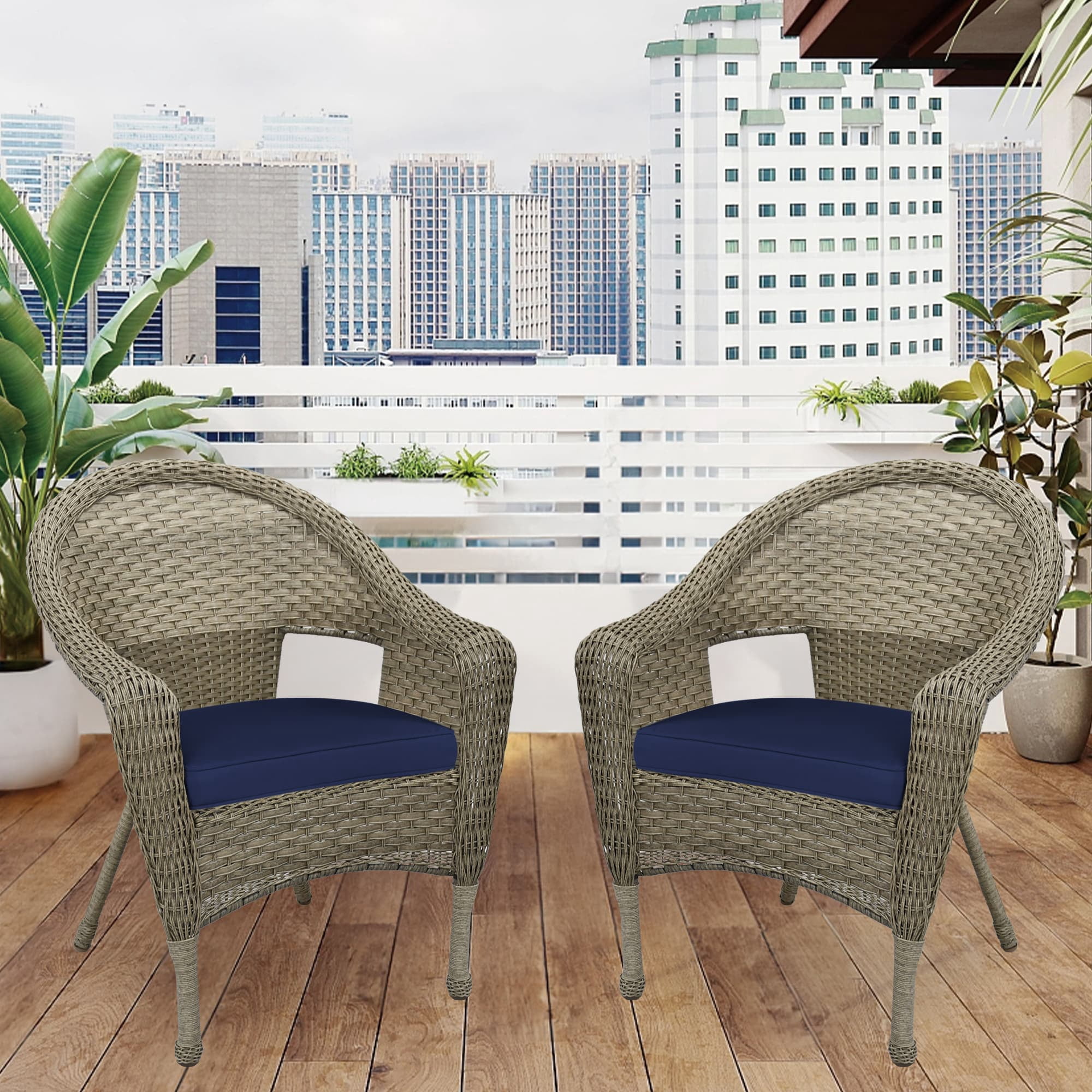 Jeco Clark Chaise de Patio en Osier Gris et Bleu Minuit (Ensemble de 2)
