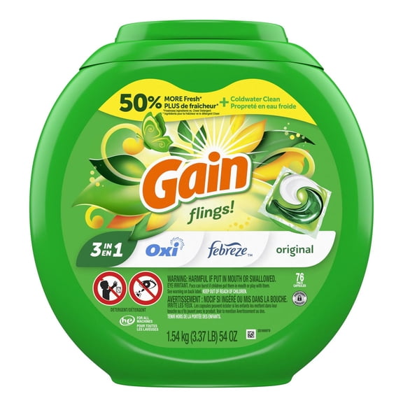 Capsules de détergent à lessive Gain Flings, capsules de savon à lessive concentré, avec Odeur Défense, parfum Original, 76 unités