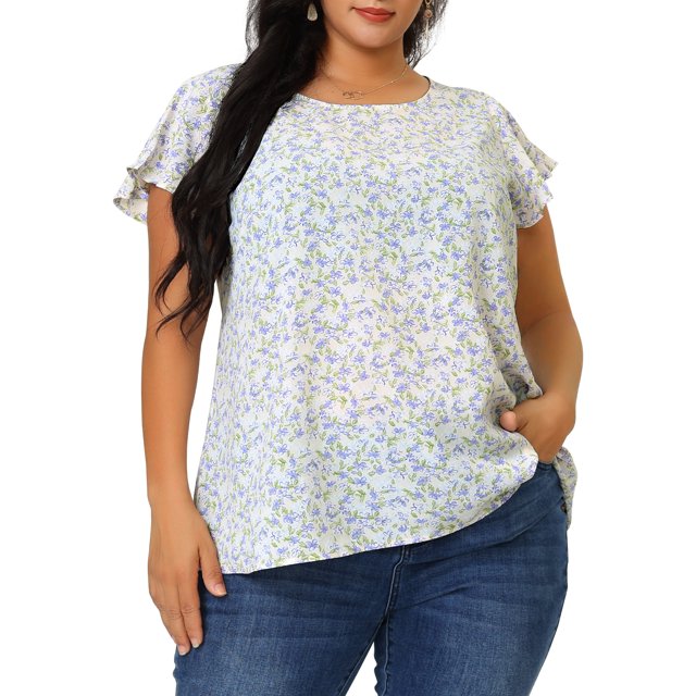 Agnes Orinda Hauts Floraux pour Femmes Grande Taille Col Rond Manches Courtes Évasées Blouse Décontractée Printemps Été 1X Violet Pâle