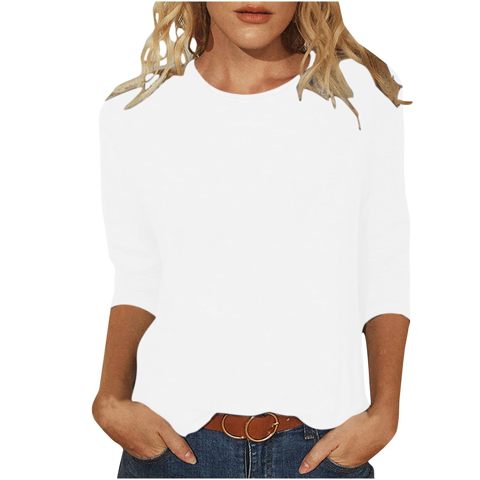 Hauts à Manches 3/4 pour Femmes Mode pour Femmes T-Shirt Uni Ample Mi-Long Blouse à Manches 3/4 Col Rond Hauts Décontractés T-Shirts en Coton Femmes T-Shirts pour Femmes Mode
