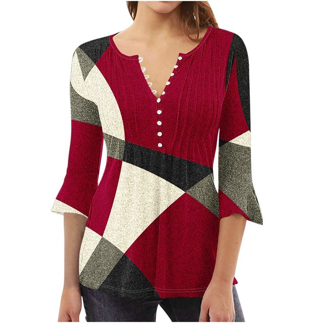 FAIWAD Women's 3/4 Sleeve Tunic Tops V Neck Button Down Tops Geometric Print Slim Pullover Tops
