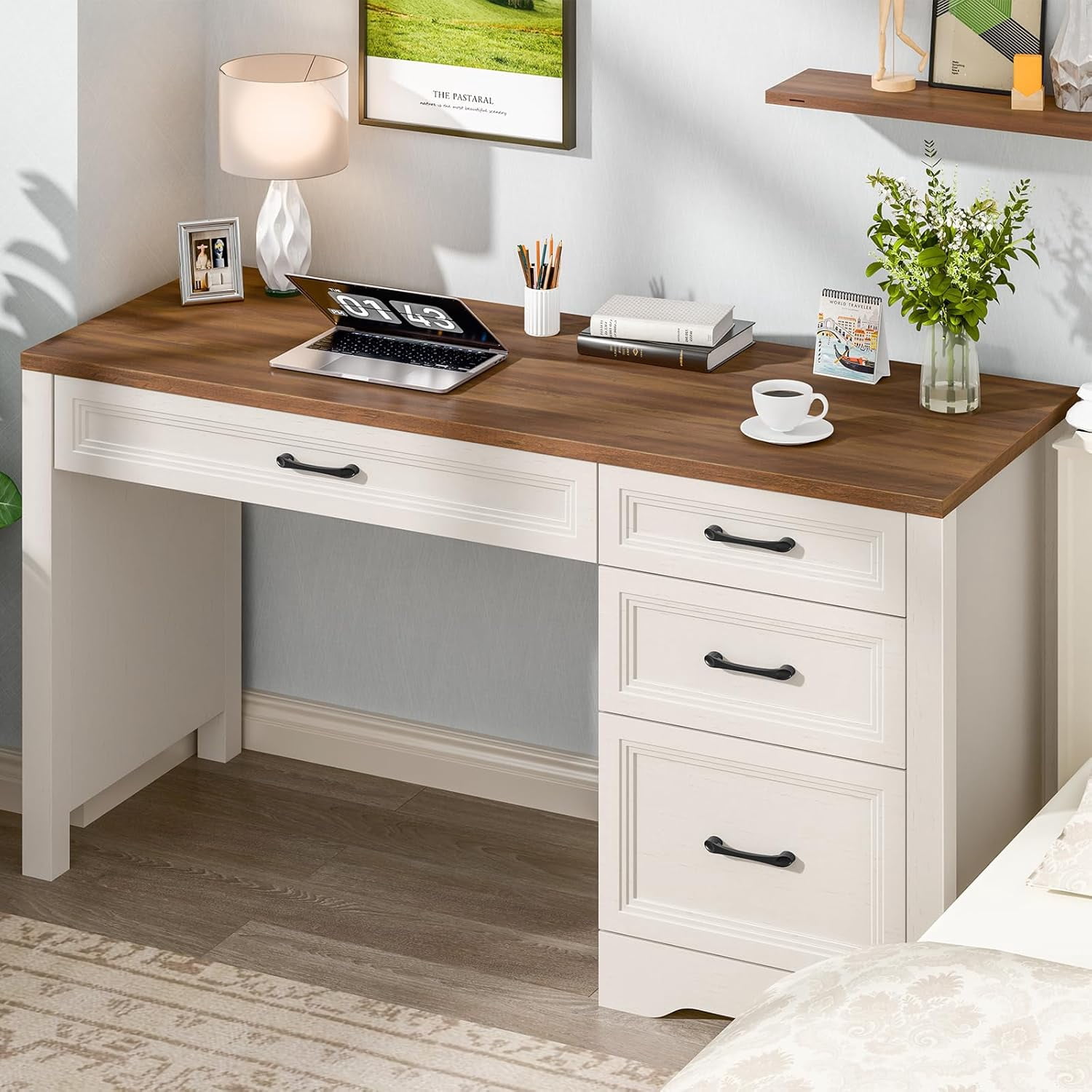 Vabches Farmhouse Wood 47" Executive Desk, Home Office 30" High Computer Desk with Drawers and Storage Cabinet, White