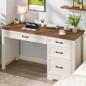 Vabches Bois de ferme 47" Bureau exécutif, Home Office 30" Bureau d'ordinateur haut avec tiroirs et armoire de rangement, blanc