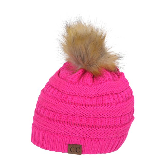 Gravity Threads Cable Knit Faux Fur Pom Pom Beanie Hat, New Hot Pink