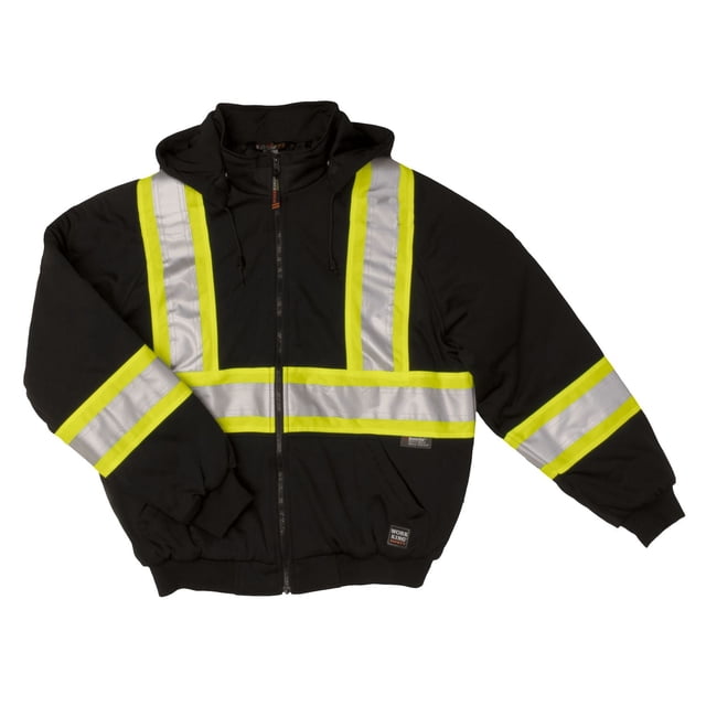 Insulated Safety Hoodie in black anti-pill polyester fleece with 3M Scotchlite reflective tape and yellow contrast backing on chest, sleeves, and shoulders, featuring a full front nylon zipper, rib knit cuffs and waist, quick-release hood, and lower pouch pockets, suitable for layering on job sites.