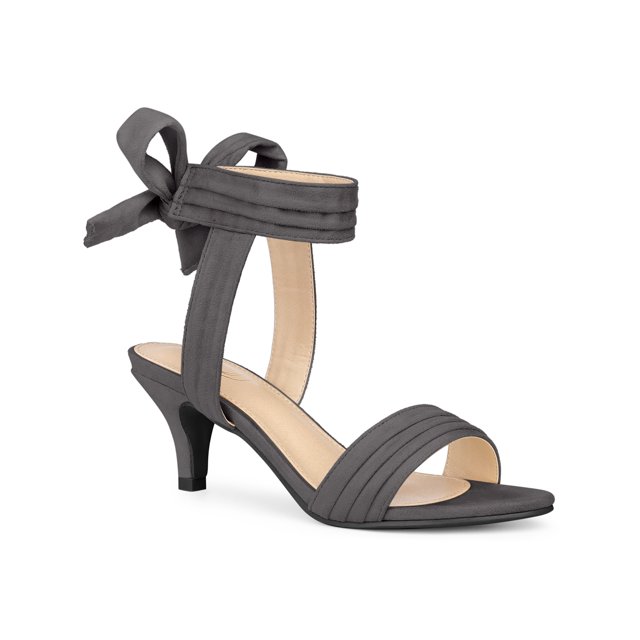 BLISSFUL STEP Women Open Toe Ankle Bow Tie Mid Heels Sandals Grey 9