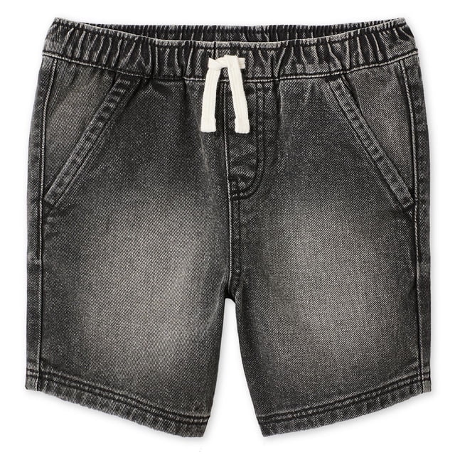 George toddler boys' denim short in grey with soft 100% cotton denim and enzyme bleach wash, elasticized waistband with white adjustable drawstring, pull-on style, two front slash pockets, and one back patch pocket, ideal for casual warm-weather wear and active toddler play.