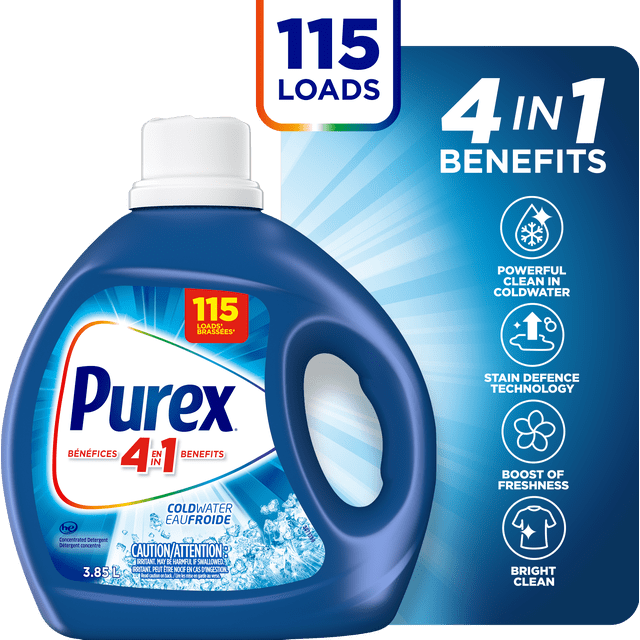 Purex® Coldwater, Concentrated Liquid Laundry Detergent, 3.85L, 115 Wash Loads front-facing plastic jug with integrated handle and screw cap, label reading Purex® Coldwater and 3.85 L, translucent blue-green liquid visible through the bottle, textured side grip, photographed on a white background; suitable for cold-water detergent use and HE machines.