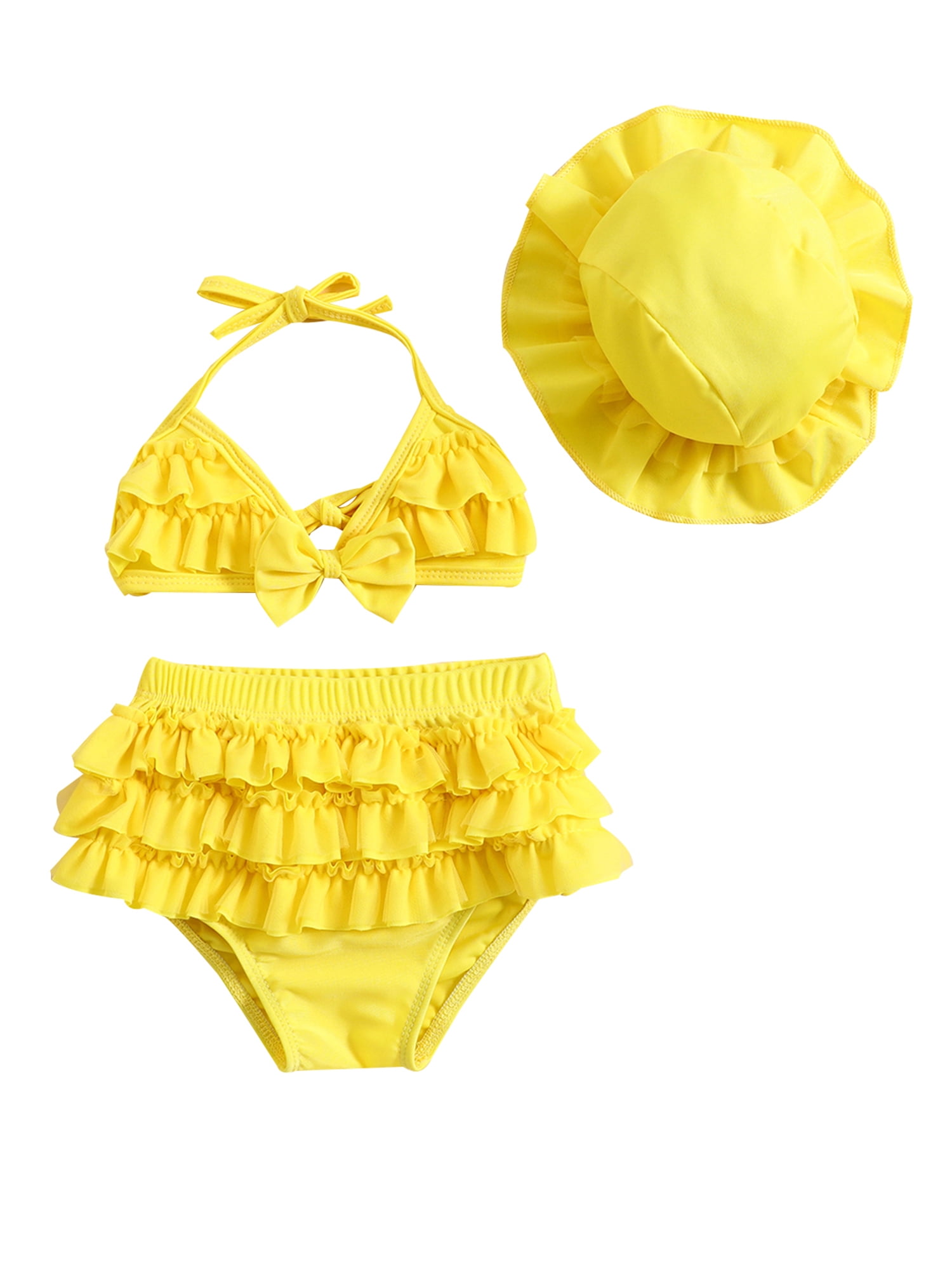 Gupgi 3Pcs Baby Girl Bikini Set 6 12 18 24 Months Infant Solid Color Swimsuits Halter Triangle Tops+Ruffle Bottoms+Sun Hat Bathing Suit Swimwear
