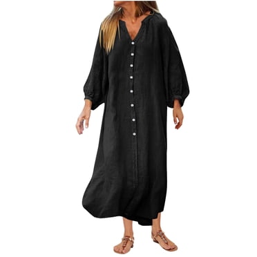 Robes Caftans Décontractées pour Femmes Grande Taille en Coton et Lin à Boutons, Robes Amples à Manches Longues Décontractées Noir, 3TG
