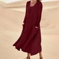 thumbnail image 2 of XZNGL Long Sleeve Dress Women Womens Fashion Long Sleeve Solid Color Cotton Linen Round Neck Pocket Dress Womens Long Sleeve Dress Long Sleeve Dress for Women Long Sleeve Long Dress for Women, 2 of 5
