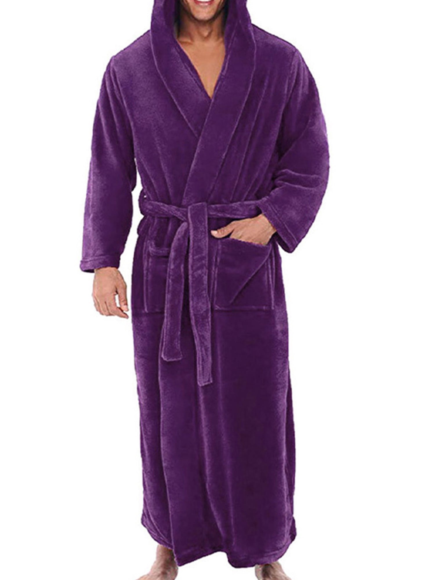 LUXUR Men Dressing Gown Hooded Wrap Robe Long Sleeve Bath Robes Plain Nightwear Solid Color Towelling Purple 5XL