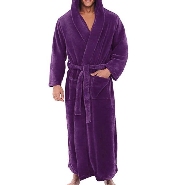 Innerwin Dressing Gown Solid Color Men Wrap Robe Home Hooded Thicken Plush Bath Robes Purple 4XL. A long, hooded men's bathrobe in solid purple, crafted from plush sherpa fleece with a belted waist and two front pockets. Ideal for lounging, sleepwear, or casual home wear, this winter robe provides extra warmth and comfort during cold seasons.
