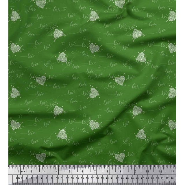 Soimoi Green polyester Crepe Fabric Heart & Love Text Decor Fabric Printed Yard 42 Inch Wide