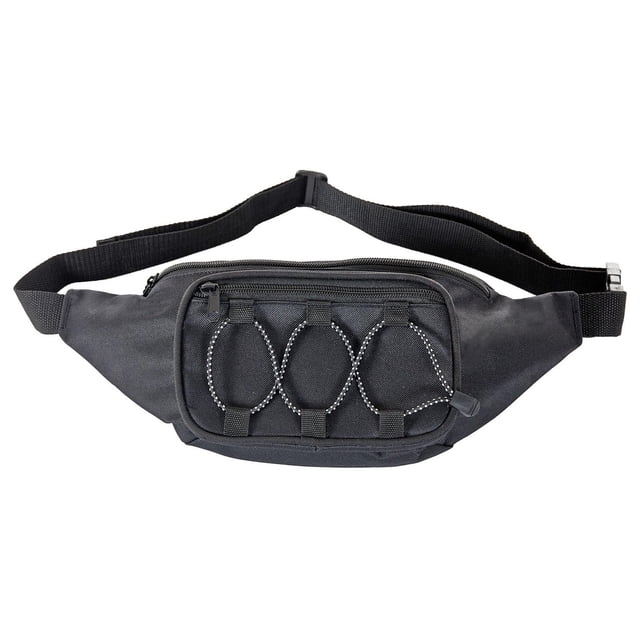 Jetstream Ultralight Travel Hip Pack in black with adjustable waist strap and front zippered pocket featuring elastic cord loops, designed for secure, hands-free carrying of essentials like phone, wallet, and keys during travel or outdoor activities.