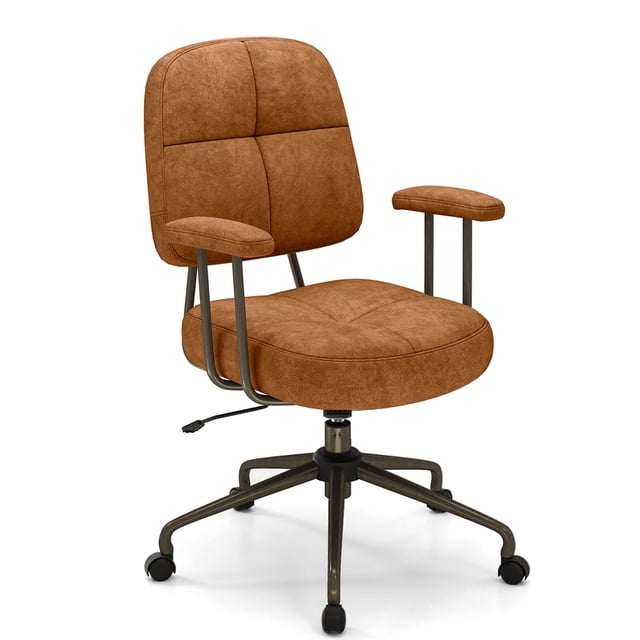 Costway Home Office Chair Leathaire Upholstered Task Chair with Cushioned Back & Armrests in brown. This ergonomic swivel chair features a 5-inch thick sponge-padded seat, mid-back design, and cushioned armrests for comfort. Upholstered in skin-friendly leathaire fabric with exquisite quilting for a vintage look. Adjustable seat height from 20 to 22.5 inches and rocking function from 90° to 105°. Equipped with a sturdy 5-claw metal base, 360° swivel, and smooth rolling casters for mobility. Ideal for office furniture setups, supporting up to 330 lbs.