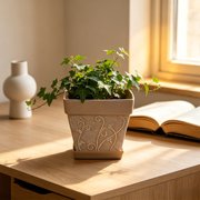 Usloyux Faux-Ceramic Planter Pots with Tray, Vintage-Style Embossed Plants Containers for Indoor Plants, Decorative Plastic Flower Pots for Living Room Bedroom Corner Office Entryway Decoration,
